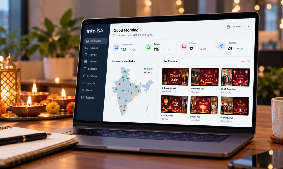 Digital signage dashboard scheduling Diwali content across stores