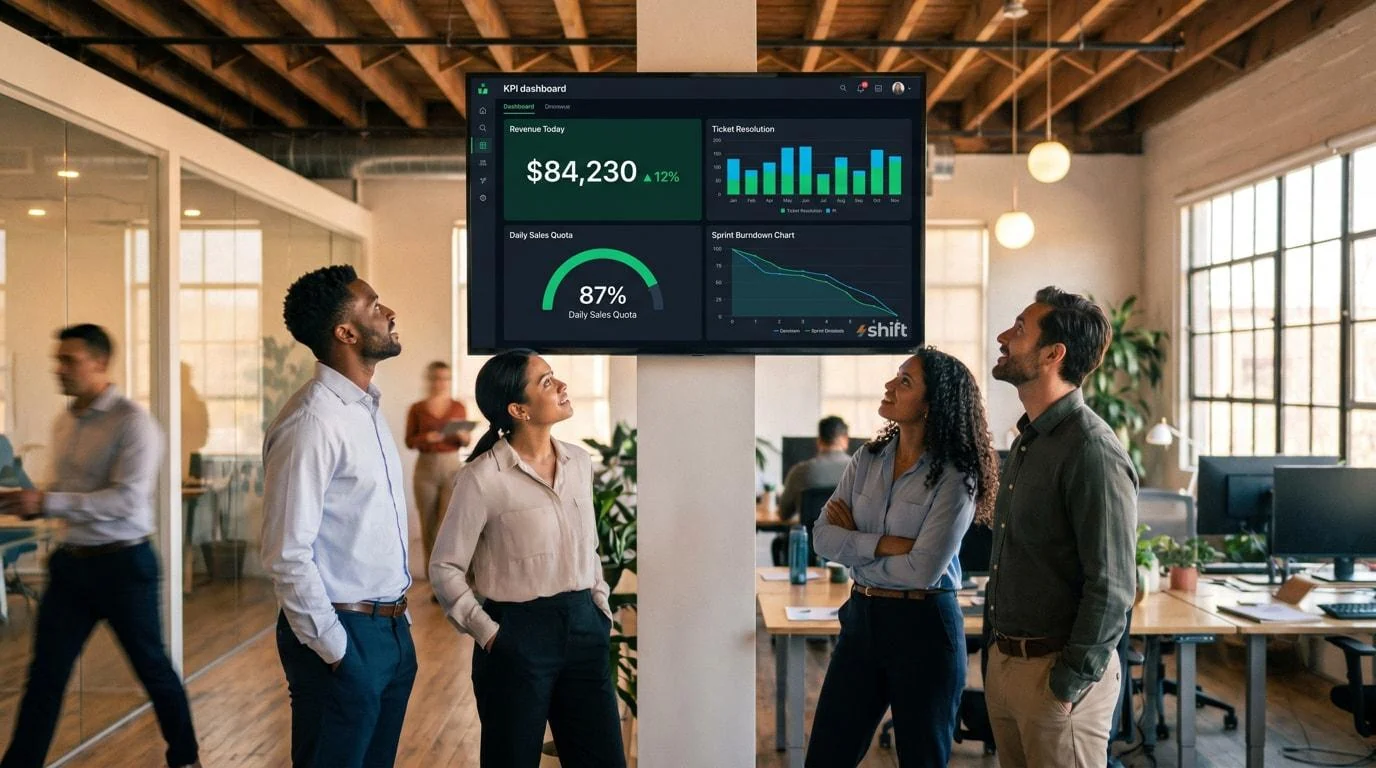 Team looking up at a digital signage screen showing revenue today, daily sales quota and ticket resolution