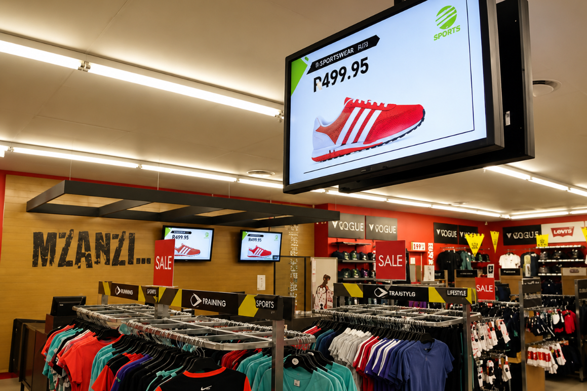 Modern sportswear store with digital display
