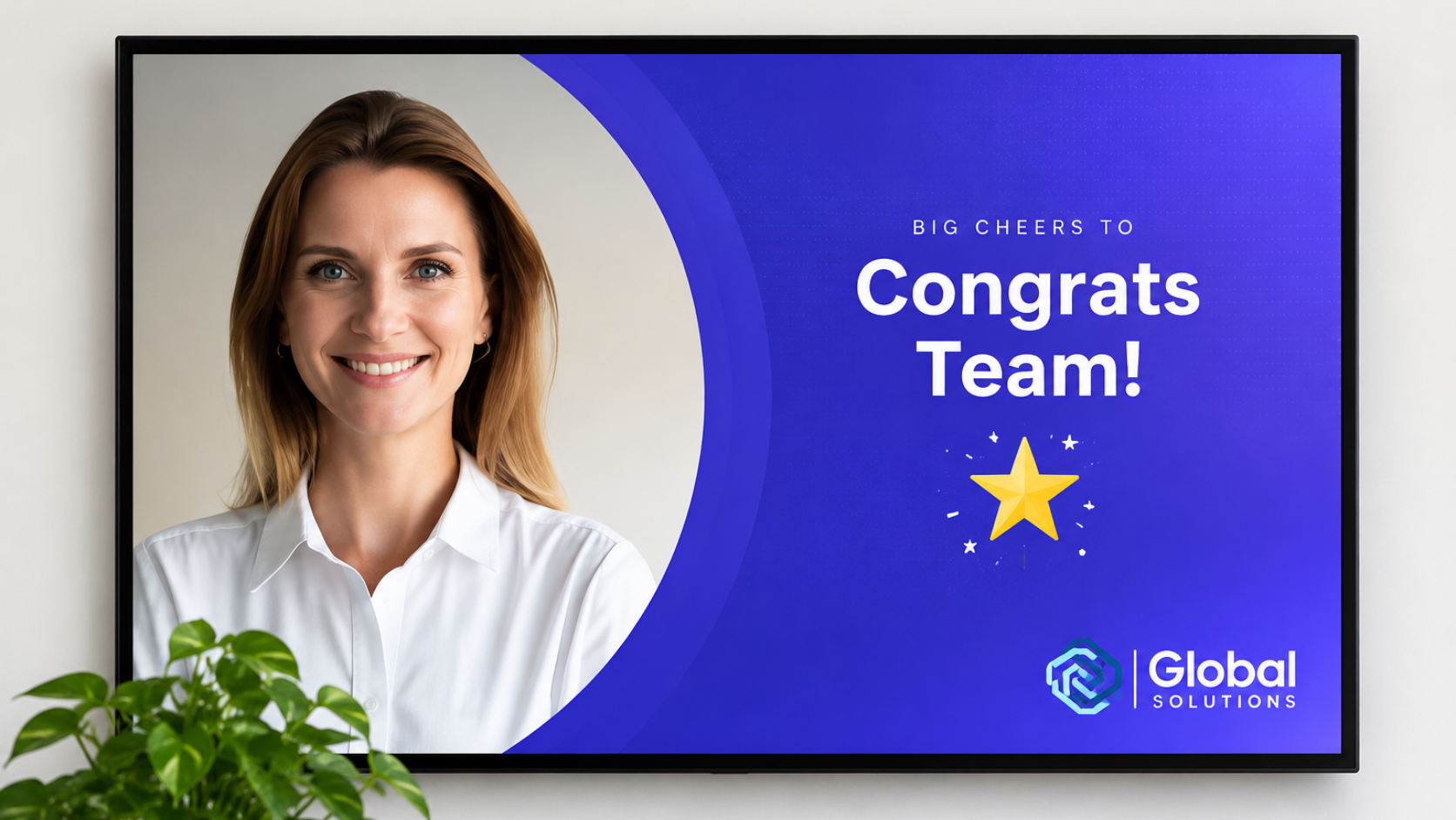 Corporate congratulations announcement in meeting room by digital signage