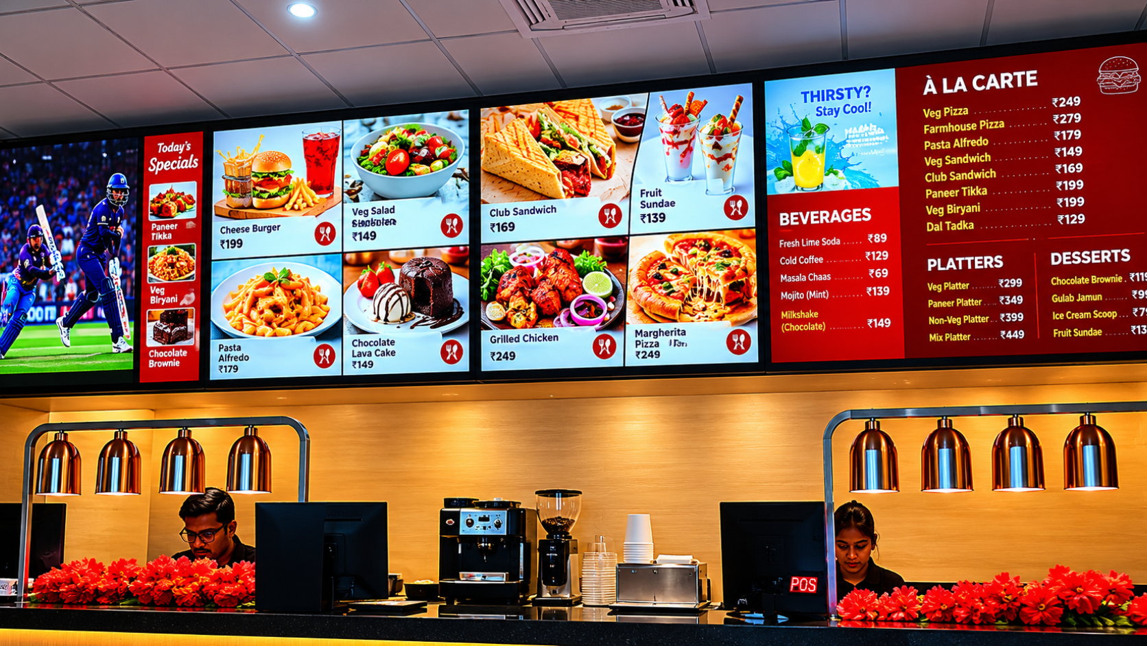 Digital display screens in restaurants and cafes in India