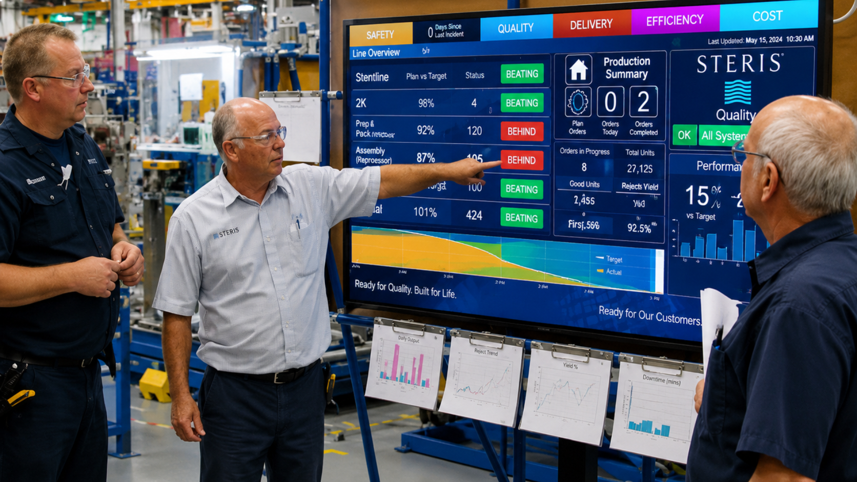 Factory team reviewing production metrics Factory team reviewing production metrics