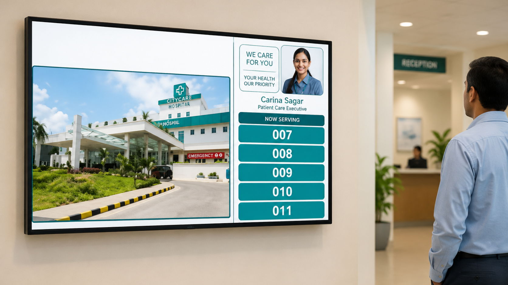 Modern hospital lobby with digital display