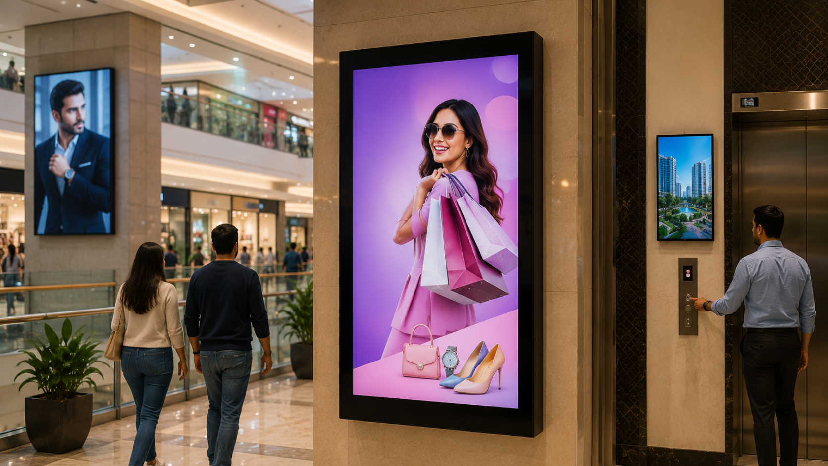 Modern mall atrium with digital ads