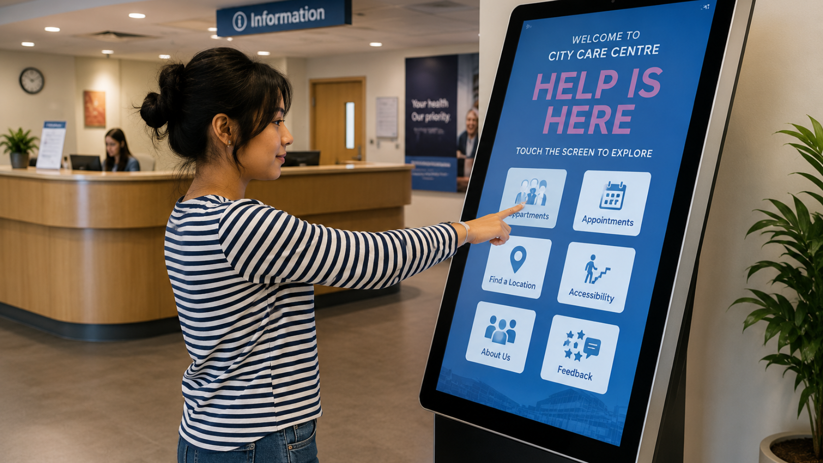 Modern reception with touchscreen directory