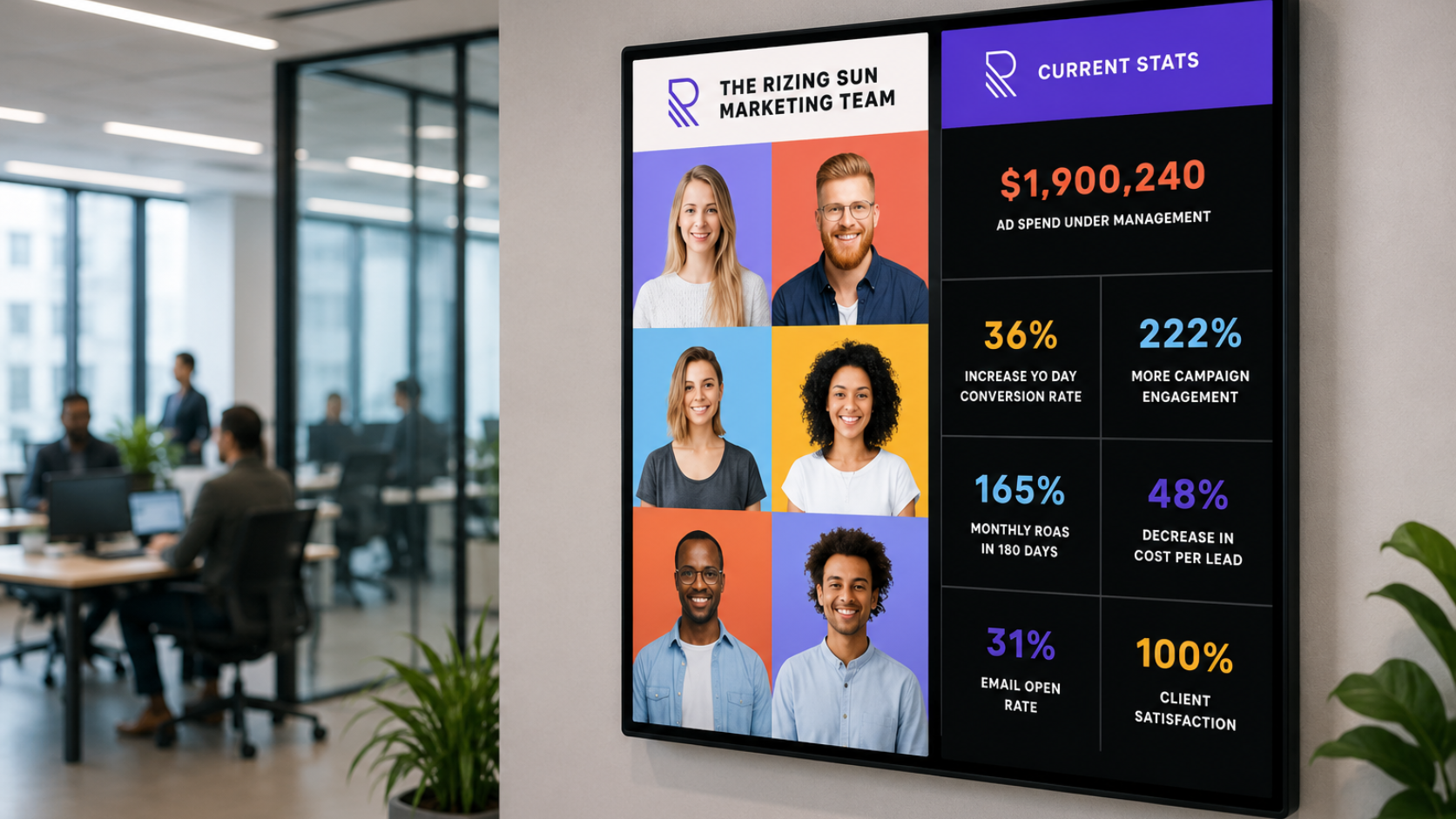 Modern office with marketing stats display Modern office with marketing stats display