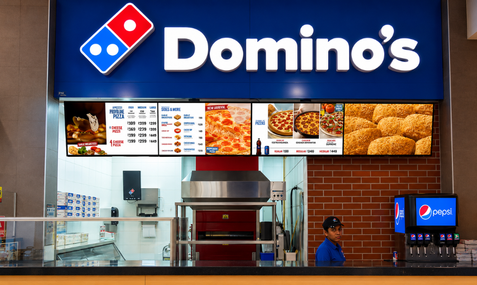 Domino's restaurant interior with digital menu boards