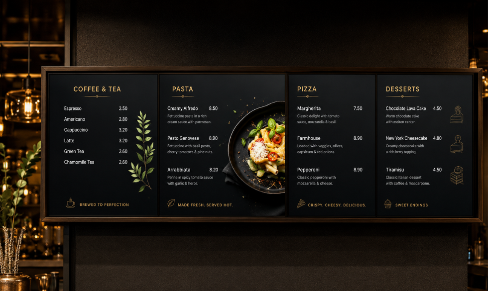 Fine dining restaurant digital menu board