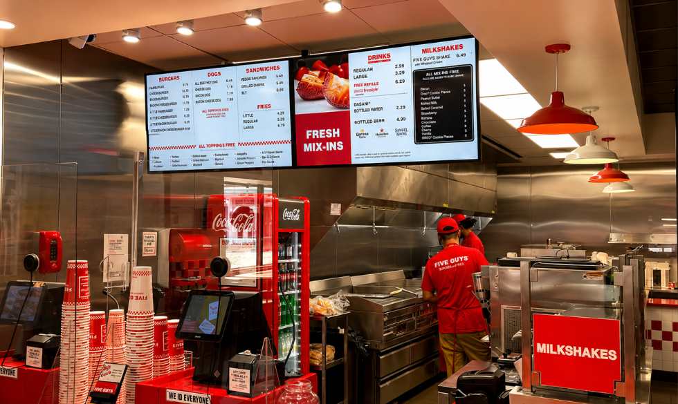 Five Guys digital menu board with authentic branding