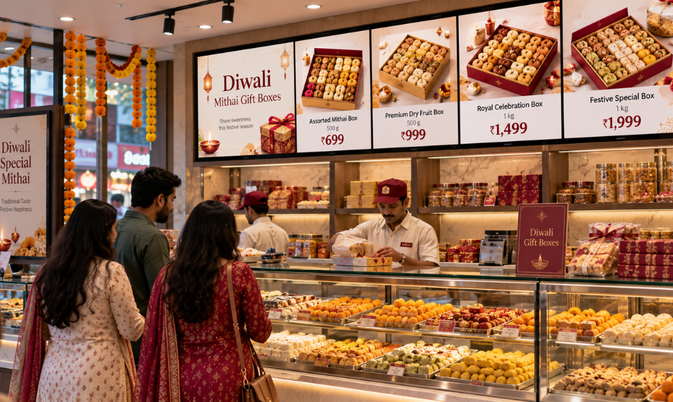 Digital menu board showing Diwali sweet gift boxes in an Indian sweet shop