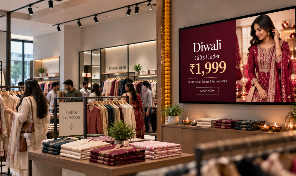 Digital screen showing Diwali fashion offers inside a clothing store