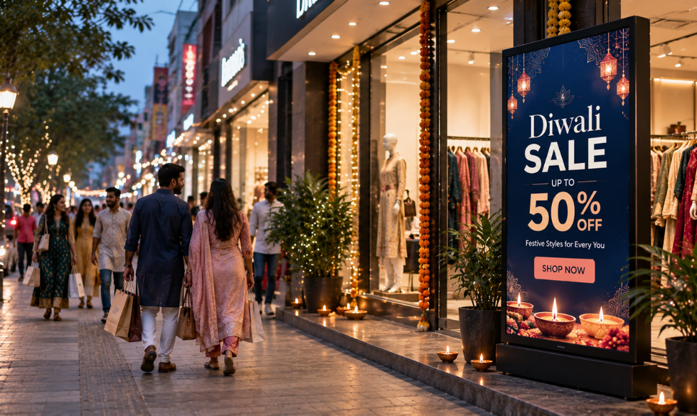 Diwali digital signage standee at a decorated store entrance in India