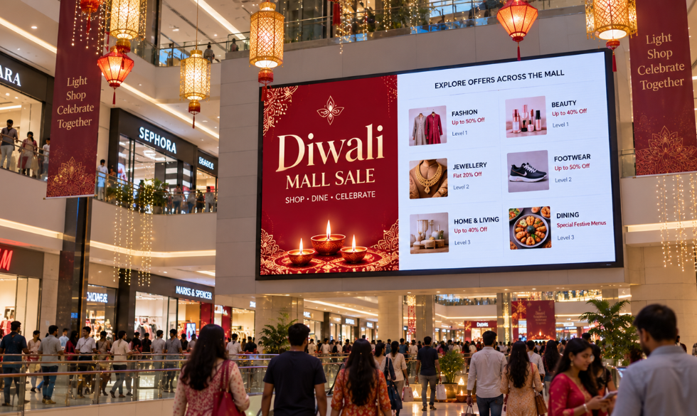 LED video wall in a mall showing Diwali sale directory